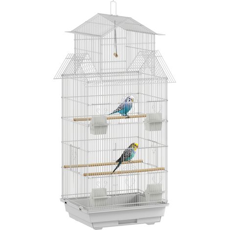 Gabbia uccelli acciaio bianco con mangiatoie, trespoli, altalena, vassoio rimovibile, 50,5x41x104 cm