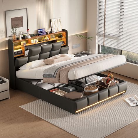 Letto matrimoniale contenitore 160x200, struttura letto con rete, letto imbottito con porta USB e LED, vano contenitore nella testiera, nero, ecopelle (PU) (1/5)