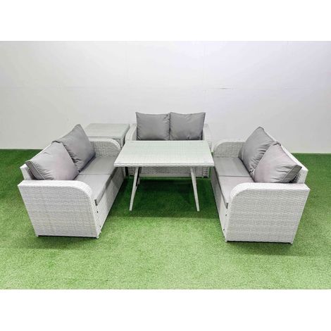 Fimous Rattan Garden Furniture Dining Set 6-seater Patio Rectangular Table Love Sofa Set with Side Table (1/4)
