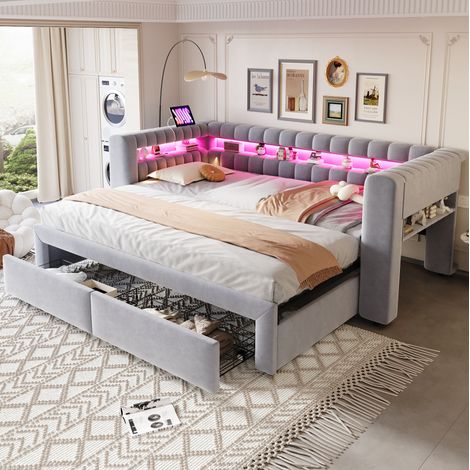 MODFU – Lit banquette extensible 90-180x190 cm – LED, USB-C – Tiroirs – Velours – Gris clair (1/5)