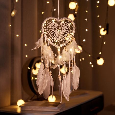 LED-Traumfänger, handgefertigter Traumfänger aus Federn, leuchtender Traumfänger für Schlafzimmer, Heimdekoration, Wandbehang, Mobile, dekoratives Mädchen, Kindergeschenk, weiß