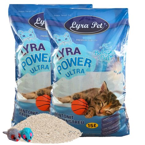 2 x 15 Liter Lyra Pet® Lyra Power ULTRA excellent Katzenstreu Bentonit + 2 Mäuse
