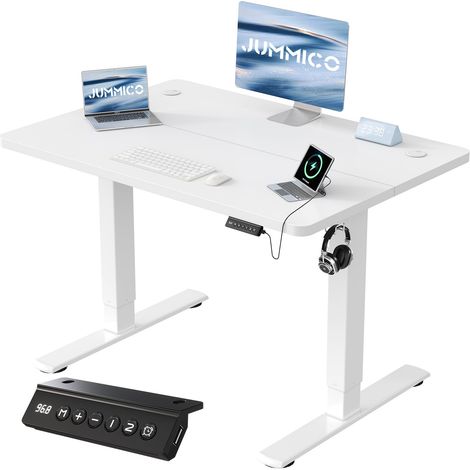 Bureau Assis Debout 100×60 cm, Rappel Posture, 2 Mémoires, Blanc (1/5)