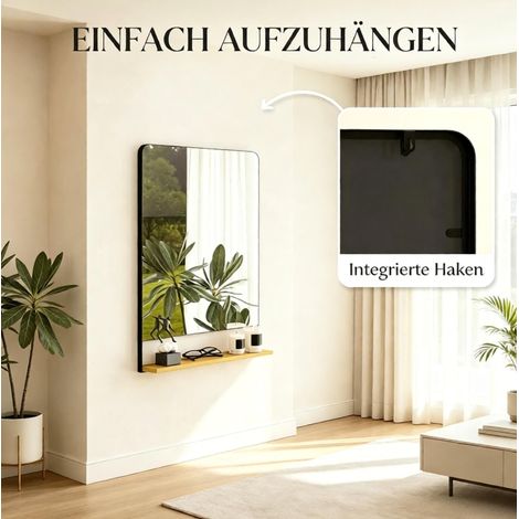 Miroir mural rectangulaire 80x60 cm en métal et bois noir, avec rangement pour salon FloraGrace (1/5)
