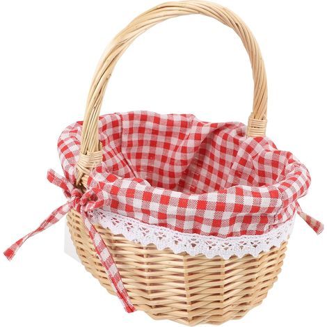 Rotkäppchen-Tragekorb, handgeflochtener Picknickkorb, Geschenkkorb, Aufbewahrungskorb aus Rattan mit Leinenfutter, Größe S (Hauptfarbe: rotes Karomuster), leerer Geschenkkorb