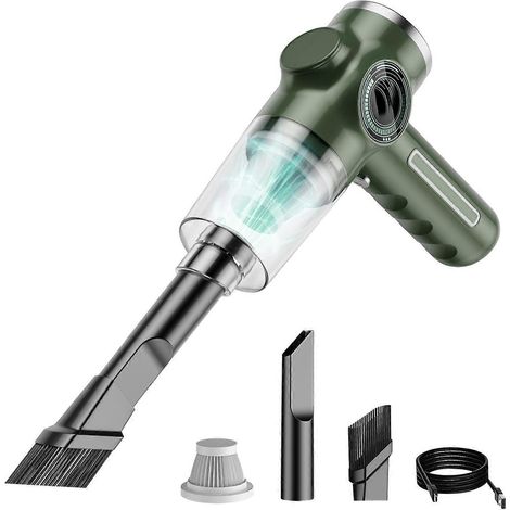 Aspirateur portable pour la maison et la voiture avec embout plat et brosse, affichage de la batterie et écran numérique.