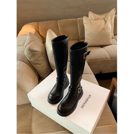 Bottes de chevalier mi-mollet à bout rond et boucle, talon épais, bout rond, mi-mollet (1/3)