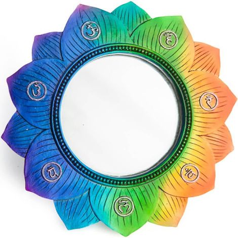 Miroir mural en forme de lotus orné de symboles représentant les 7 chakras (1/2)