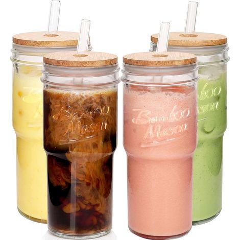 Ensemble 4 Bocaux Mason 700 ml avec Couvercles & Pailles