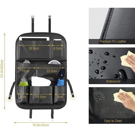 Lot noir de protection dossier siège auto, organisateur imperméable avec table, rangement multi-poches pour voiture, tapis anti-taches (1/4)