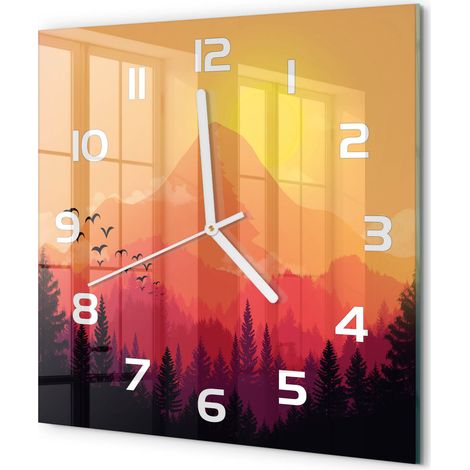 Horloge Murale Carrée Objet Décoratif en Verre Silencieuse pour Salon Paysage de montagne 30x30 cm