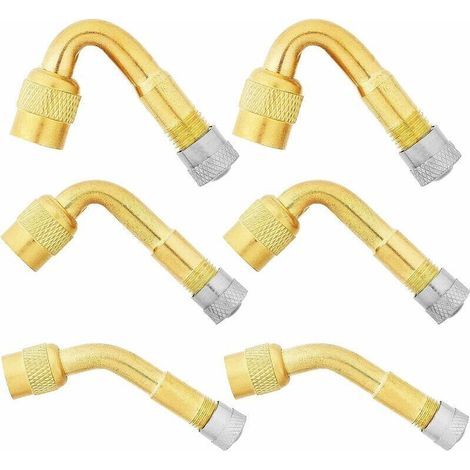 Prolunghe per valvole pneumatici in 6 pezzi. Angoli: 45°, 90°, 135°. In ottone con guarnizioni in gomma. Per auto, moto, biciclette e camion. (1/4)