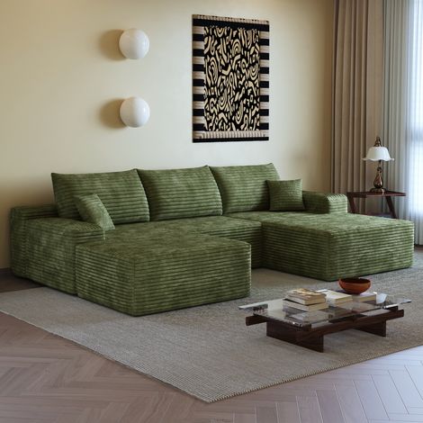 Canapé d'angle modulaire 270 cm avec chaise longue gauche, sans montage, assise profonde, velours côtelé vert (1/5)