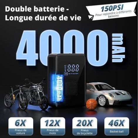 NALOOKAMIC Gonfleur Pneus Voiture sans Fil Mini Compresseur à Air Portatif 150 PSI (10,3 Bar) Inflation Rapide Cylindre 17 mm Type-C USB Charge avec Tuyau de 30 cm et Sac de Rangement