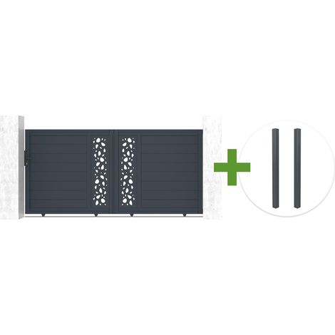3 m breites SUNNY-Schiebetor, 140 cm hoch, graues Aluminium + 2 graue Aluminiumpfosten