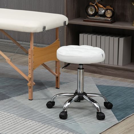 Tabouret pivotant, tabouret de salon, hauteur réglable, similicuir, motif matelassé, Ø 35,5 x 48-63 cm, blanc/argent