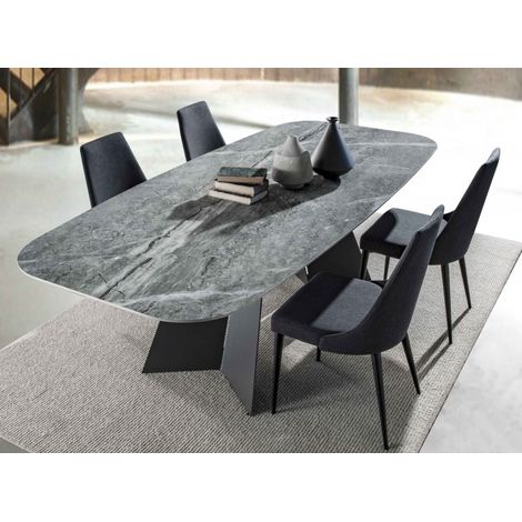 Les Tendances – Table de salle à manger céramique marbre gris 238 cm – Pieds en métal noir – Épaisseur plateau 15 mm – Fabrication italienne (1/5)