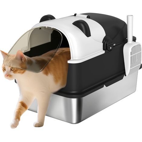 PawHut XL Stainless Steel Litter Box Tray with Lid, Panda Style (1/5)