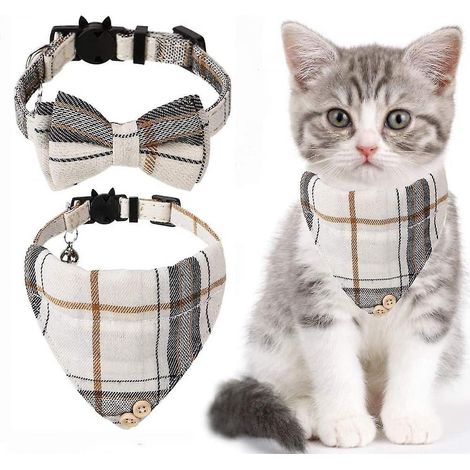 Katzenhalsband mit Fliege und Halstuch – Set mit 2 klassischen karierten Halsbändern, Schal und Fliege – Verstellbare Größe mit Glöckchen (1/5)