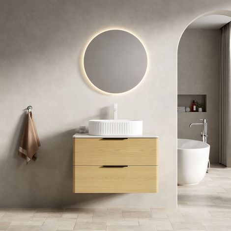75cm Schwebender Badezimmer-Waschtisch mit Weißem Ovalem Waschbecken, Travertin-Sintersteinplatte, Gebogene Kanten Sperrholzschrank mit 2 Schubladen, Corolla Eiche Holzmaserung Farb