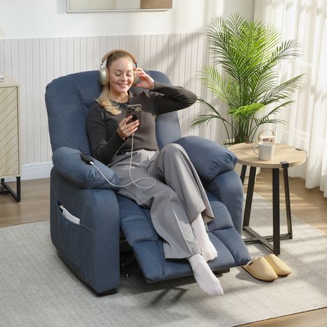 Sillón Relax Reclinable Eléctrico Silencioso con Función Memoria Reposapiés Mando a Distancia Bolsillos Laterales Azul (1/5)