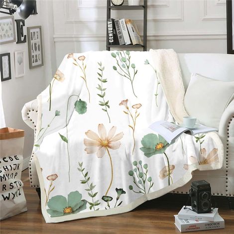 Couverture Fleurie Aquarelle 130x150cm, Plaid Canape Fleur Beige Vert Sauge pour Fille Femme Adulte, Couverture Polaire Floral Moderne Minimaliste, Jetés de Lit Esthétique (1/3)