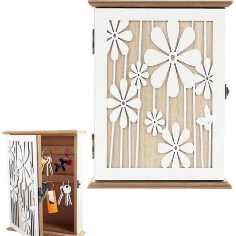 1 armoire à clés, bois massif, 6 crochets métalliques, motif fleurs blanches, entrée couloir salon (1/5)
