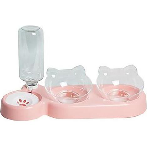 Double gamelle chat 3 en 1 — bol, distributeur croquettes et eau, inclinable 15°, PP, Rose (1/4)