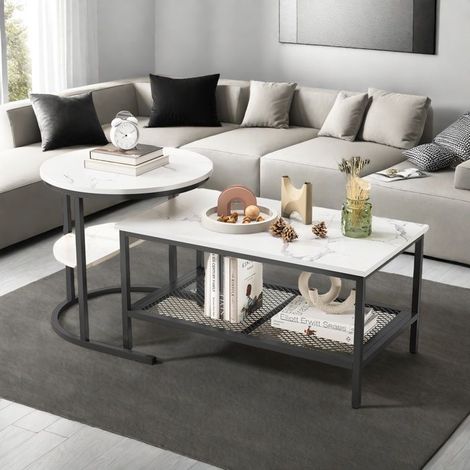 Set mit 2 runden und rechteckigen Couchtischen - Couchtisch - Beistelltisch - Holz-Marmor-Stütze und Metallfüße - Modernes Design