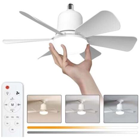 Ventilateur plafond lampe LED dimmable 30W, 6 pales 3 vitesses, télécommande incluse, douille E27, couleur blanc, installation facile