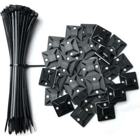 Lot de 100 supports adhésifs pour serre-câbles, 25 mm x 25 mm, noirs, auto-adhésifs, supports en plastique pour serre-câbles, 100 serre-câbles gratuits de 150 mm (1/4)
