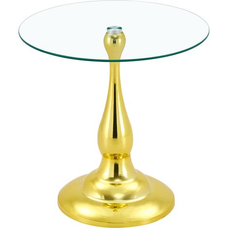 Mesa auxiliar redonda de vidrio templado con base de metal dorado, 50 cm (1/5)