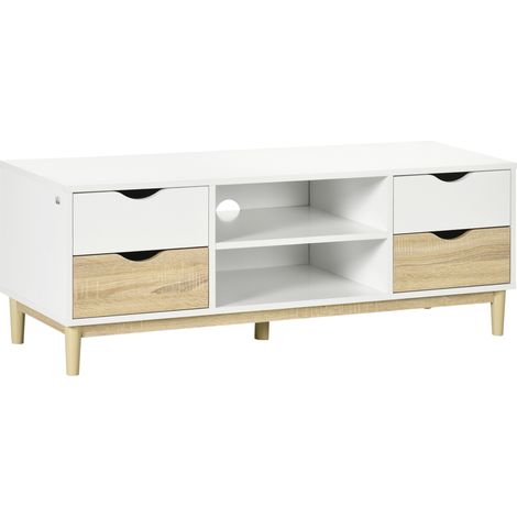 Mueble TV de Salón Mesa para Televisores de hasta 55" con Estantes y 4 Cajones 120x40x44,5 cm Blanco y Roble (1/5)