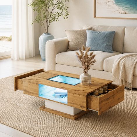 Tavolino basso con LED colorata, 2 cassetti, piano in vetro, bianco e effetto legno naturale HAVRYA (1/5)