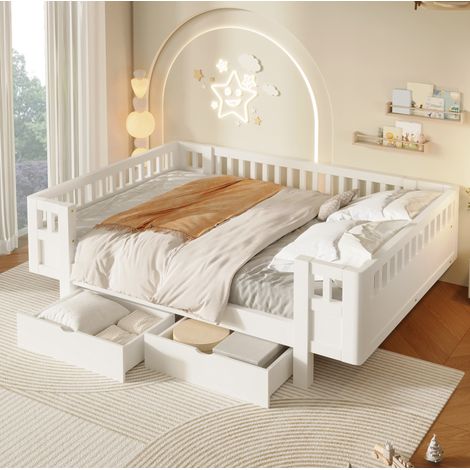 Lit plateforme 140 x 200 cm blanc avec barrière de sécurité haute et 2 tiroirs (1/5)