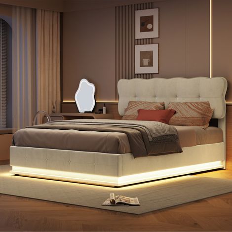 letto contenitore 140 x 190, letto matrimoniale con contenitore e LED, letto 140x190 con rete, letto idraulico con telaio in legno a doghe, velluto beige (1/5)