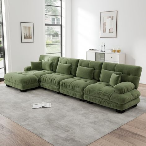 Canapé d’angle modulable 4 places en chenille verte avec pouf (1/5)
