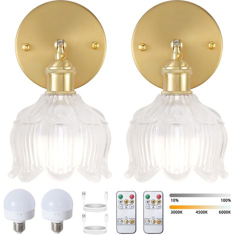 Lot de 2 appliques murales LED rechargeables avec télécommande, lampe de chevet sans fil, intensité variable, 3 températures de couleur, avec ampoule (1/5)