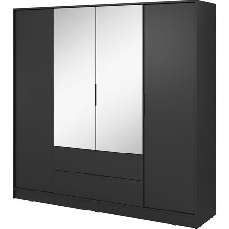Armadio moderno nero con specchio centrale - Dimensioni 206 x 200 x 51 cm - Design elegante e versatile (1/4)