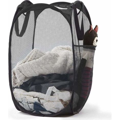 Pop-up Mesh Laundry Hamper with Durable Handles – Portable Foldable Clothes Baskets for Dorm, Bathroom and Travel (Black)