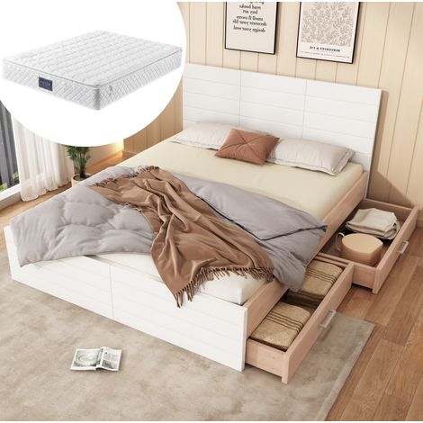 Lit double 140/200 cm blanc et chêne clair en bois massif et MDF avec matelas, 2 tiroirs et sommier (1/5)