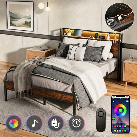Cadre de lit 140x 190 cm avec tête de lit Rangement et LED, Cadre métallique avec Station de Chargement, 14 Lattes métalliques, Brun Vintage (1/5)