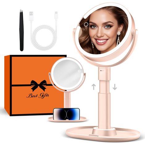 Miroir de Maquillage Éclairé 30X avec 3 Lumières de Couleur, LED à Intensité Variable et Réglable en Hauteur, Miroir Cosmétique 2 Côtés pour Salle de Bain, Cadeau pour Femme Rose (1/5)
