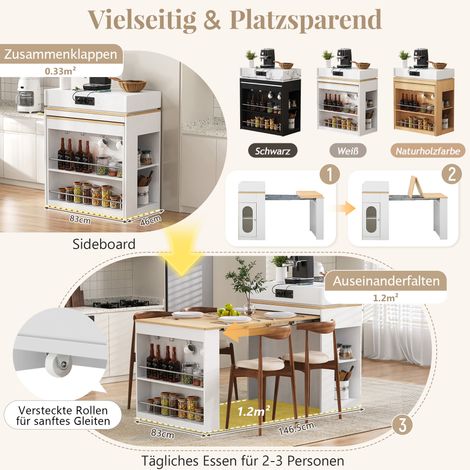 Îlot de cuisine sur roulettes, table extensible à plateau rabattable, comptoir bar avec prises intégrées et crochets, idéal comme îlot, buffet ou bar pour cuisine et salle à manger (Blanc) (1/5)