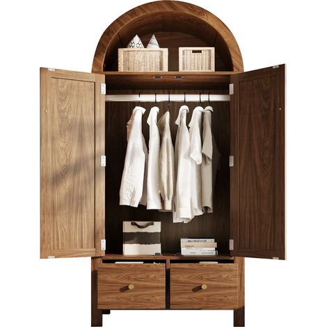 Armoire penderie 181x78x45 cm en bois foncé et résine tressée, 2 portes magnétiques, 2 tiroirs, barre de penderie et anti-basculement, style campagne CHICFURN (1/5)