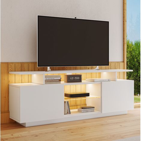 Meuble TV blanc 140 cm avec LED 16 couleurs, 2 portes brillantes, pour TV 60 pouces (1/5)