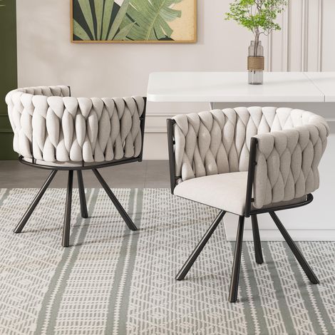 Chaise de salle à manger en lin, lot de 2, fauteuil pivotant de luxe à une lumière pour salon/chambre, fauteuil pivotant de détente avec quatre pieds de support en métal, lin beige et noir (1/5)