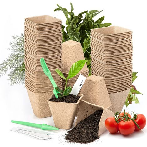 100 Stück biologisch abbaubare Setzlingtöpfe, Umpflanzbecher, 8 cm, quadratischer Setzlingtopf, Gartentopf mit 100 Pflanzenetiketten für Saatgut, Gemüse, Blumen, Sukkulenten