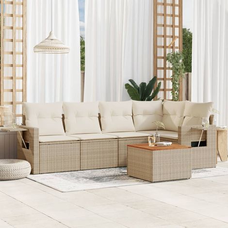 Ensemble Salon Jardin 6 Places Résine Tressée Beige avec Coussins, Tables d'Appoint et Espaces Rangement - Mobilier Extérieur Modulaire (1/3)
