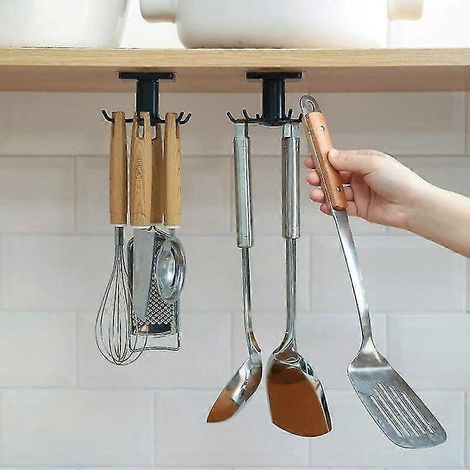 Drehbarer, wandmontierter Küchenutensilienhalter mit 6 Haken, Unterbau-Aufbewahrung ohne Bohren, ideal für Küche und Bad (1/5)